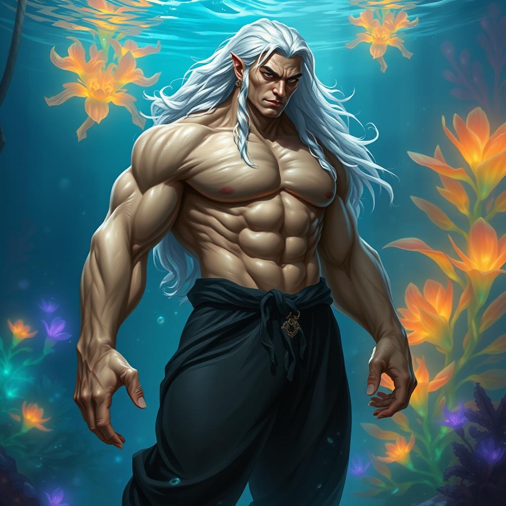 A robust male Simic Hybrid character inspired by a Vedalken, showcasing an impressive muscular physique