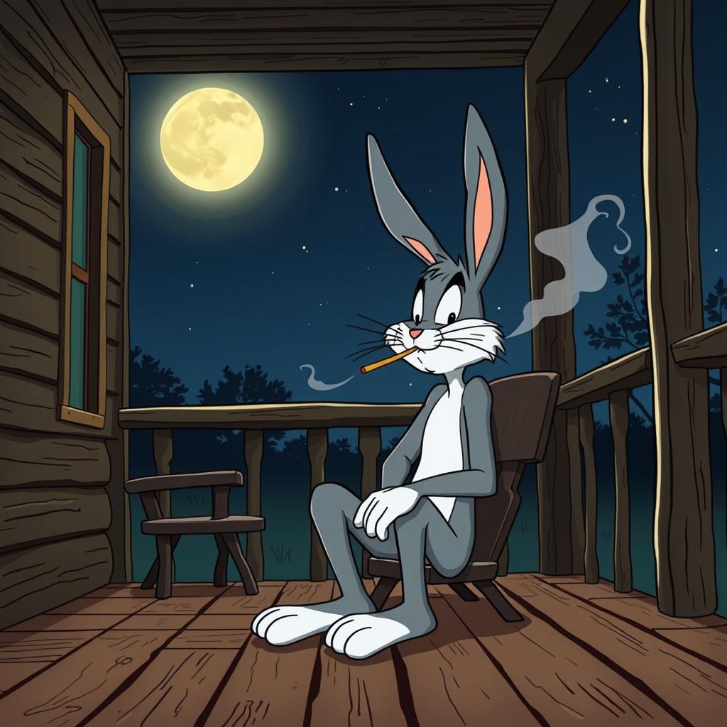 A cartoon-style depiction of Bugs Bunny sitting on a wooden porch at night, looking melancholic
