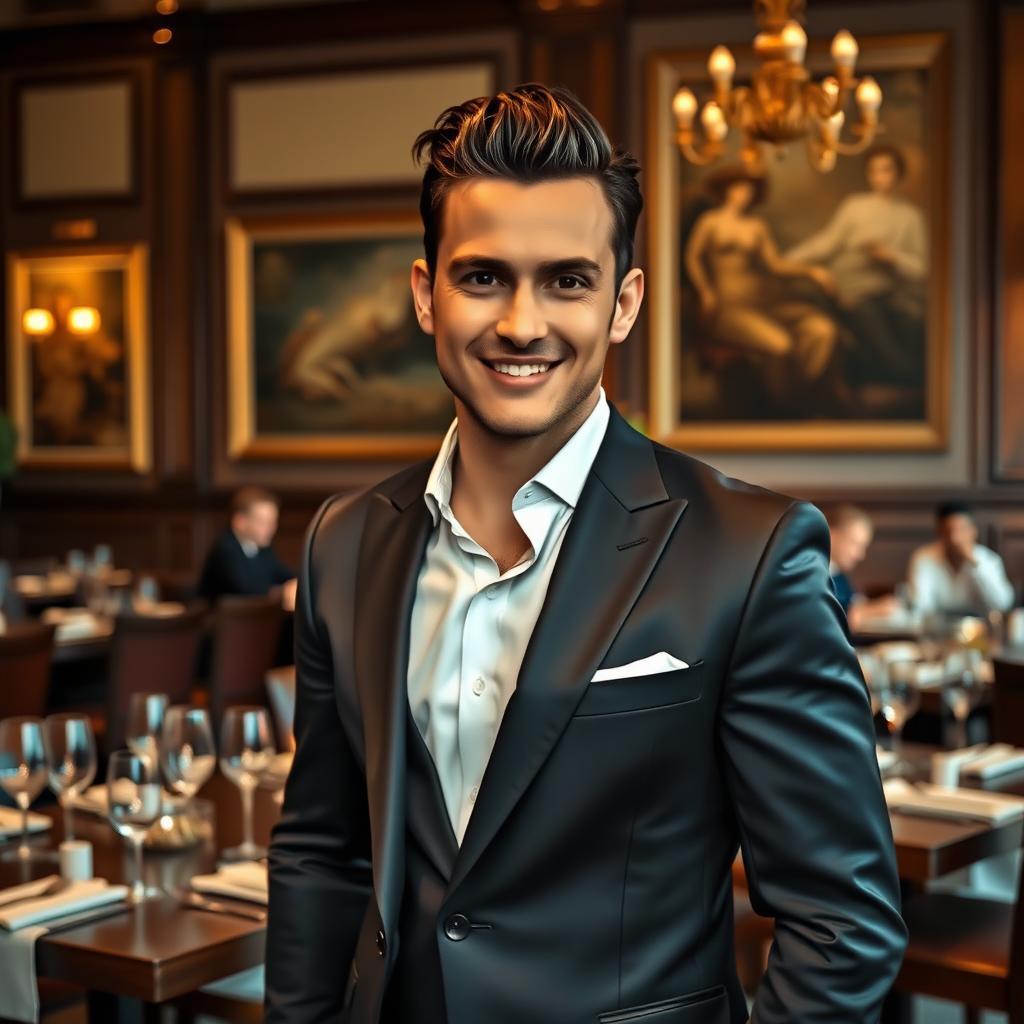 A well-dressed man in a stylish suit, standing confidently in a luxurious restaurant setting