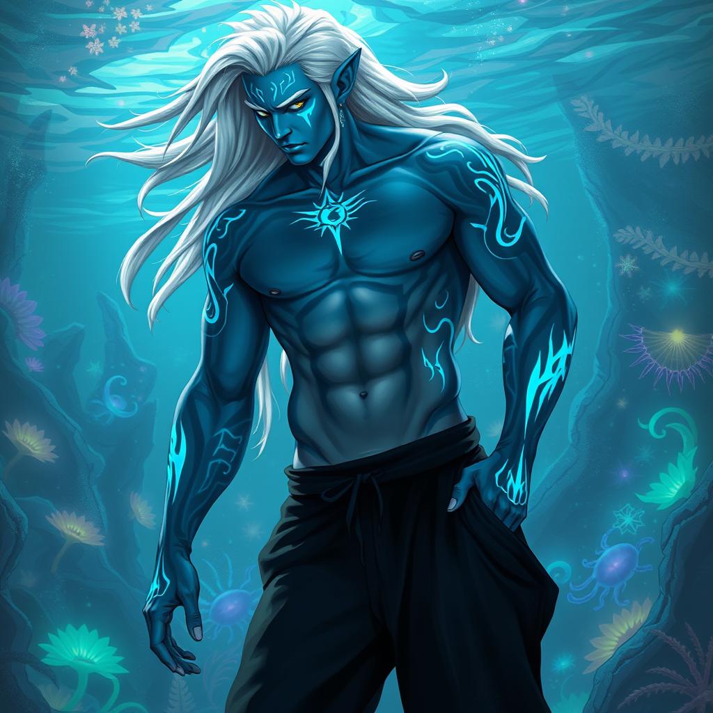 A striking male Simic Hybrid character influenced by a Vedalken, showcasing a robust physique