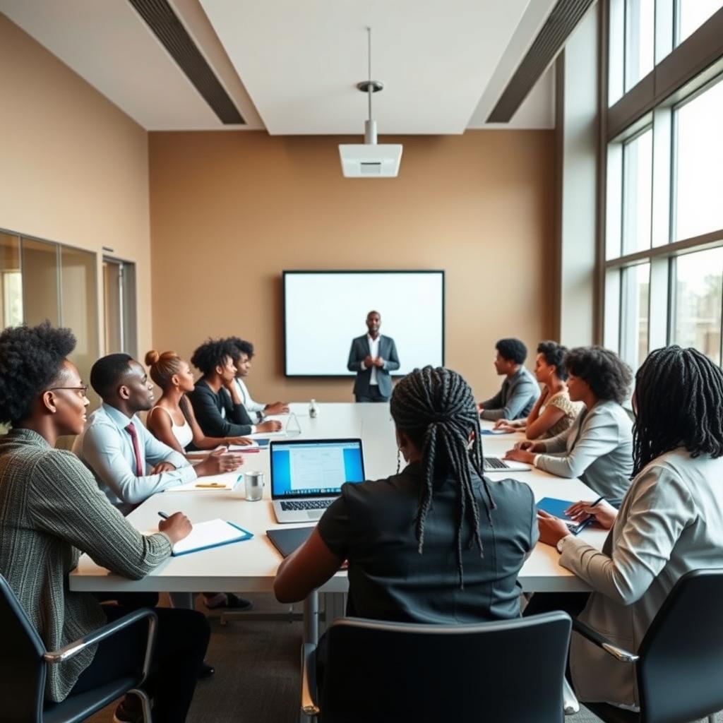 A group of Black students actively engaged in a professional seminar setting, seated around a large conference table