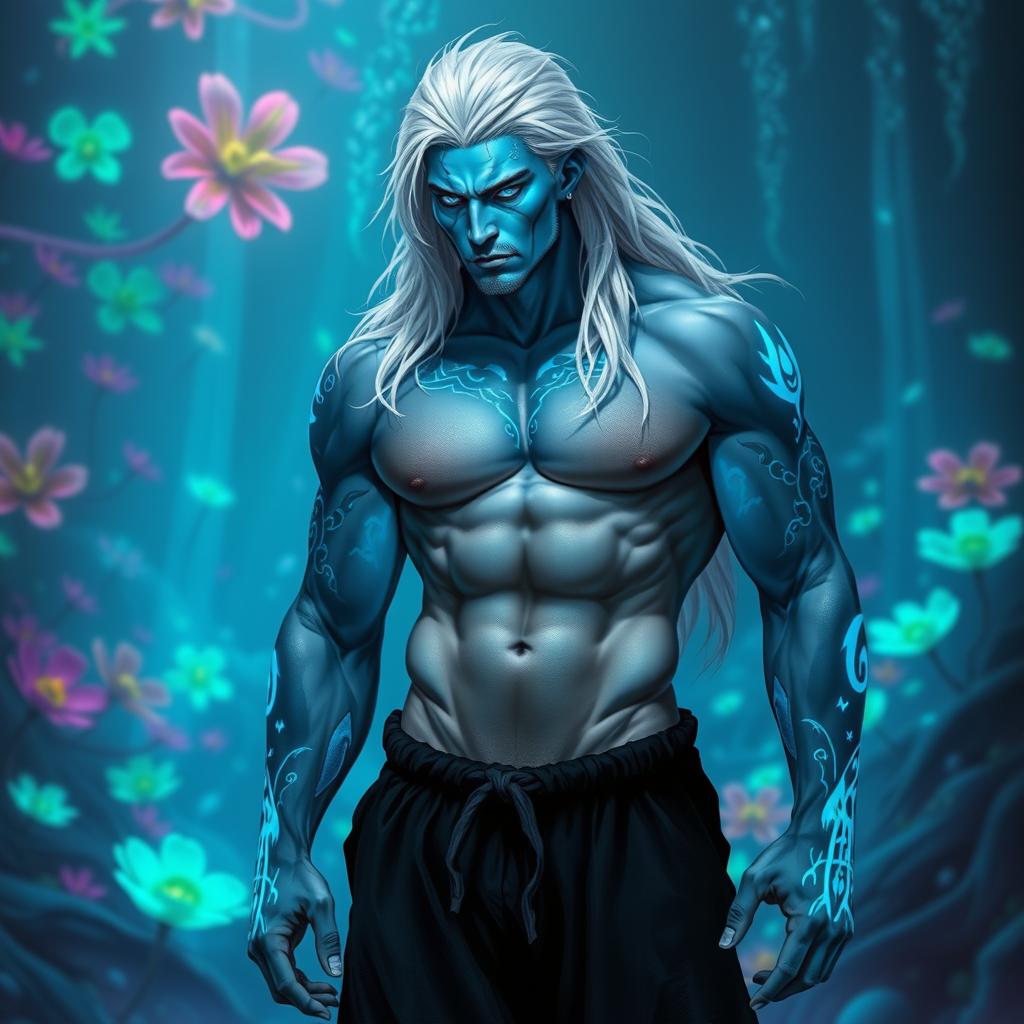 A striking male Simic Hybrid character derived from a Vedalken, featuring a robust physique and blue skin