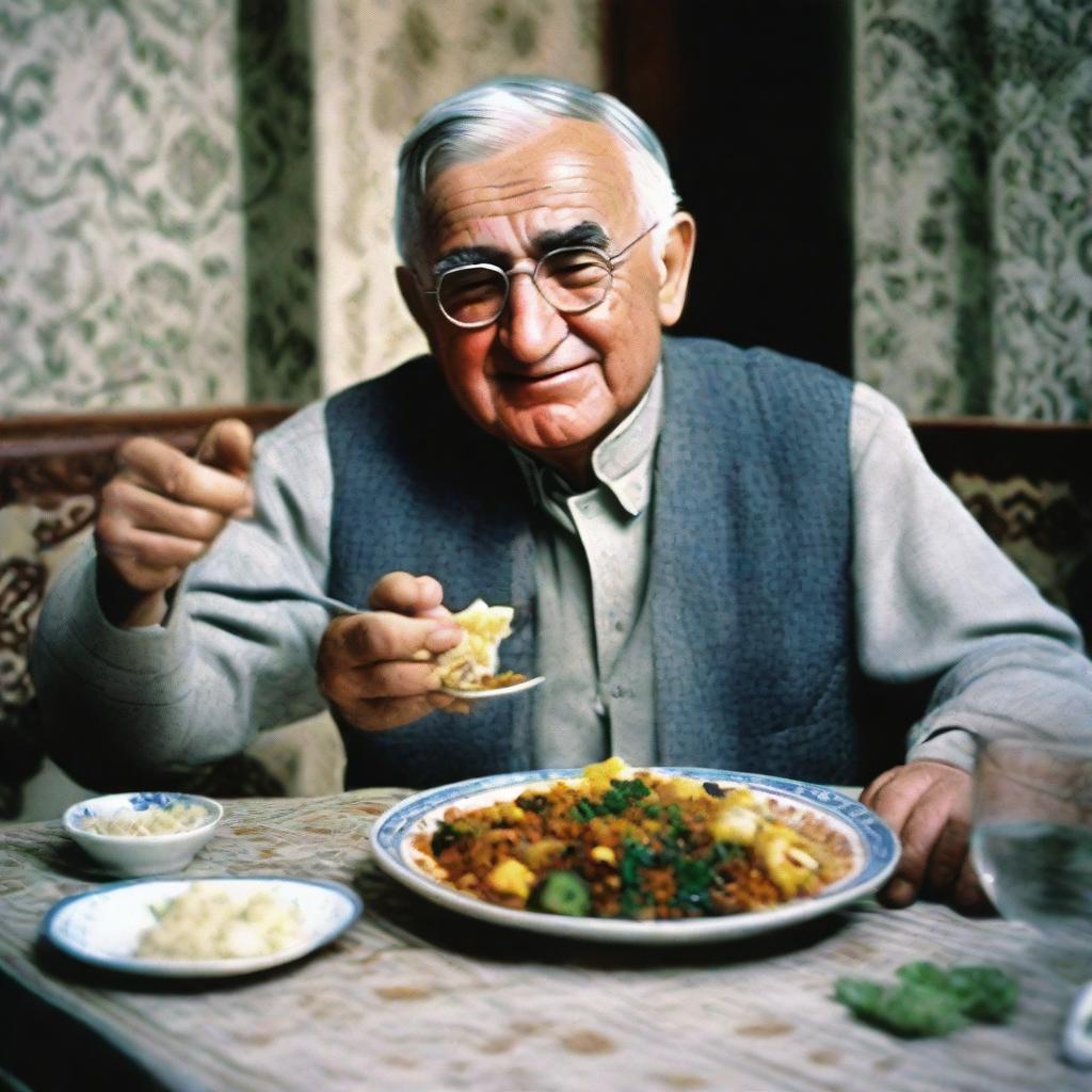 Generate a realistic image of Dale Carnegie joyously eating palov, the most popular Uzbek meal, at a traditional Uzbek dining table.