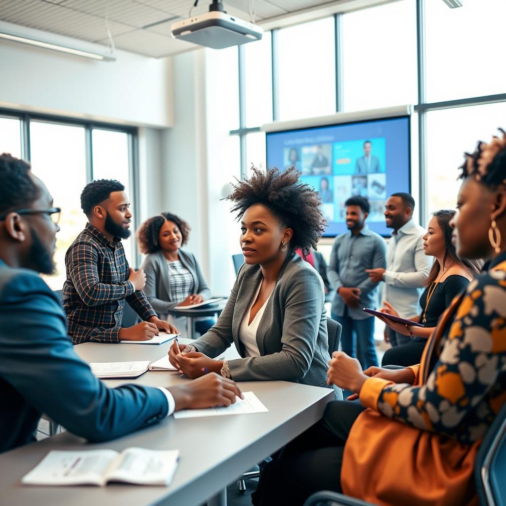 A dynamic professional seminar scene featuring a diverse group of Black students actively engaged in discussions