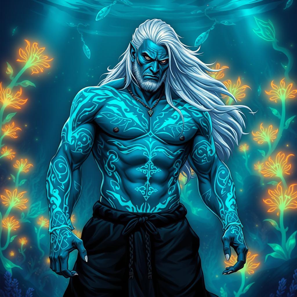A powerful male Simic Hybrid character derived from a Vedalken, characterized by a robust physique and blue skin