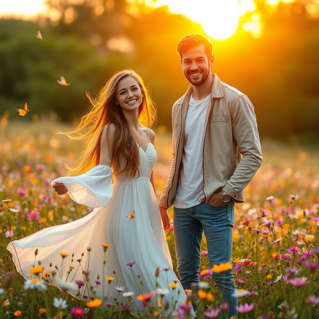 A stunning scene of a young woman standing in a vibrant field of wildflowers, with a tall, handsome man standing beside her