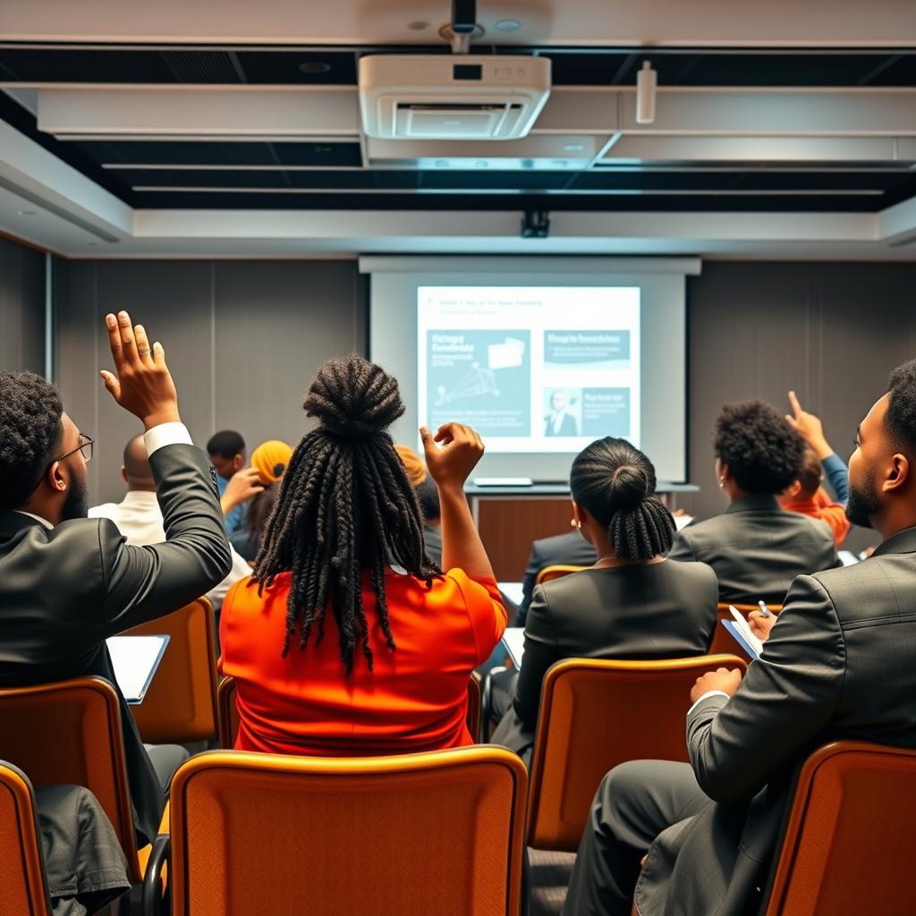 A professional seminar setting featuring a diverse group of Black students engaged in discussion and learning