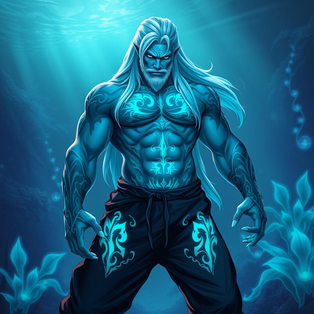 A powerful male Simic Hybrid character originating from a Vedalken, characterized by a robust physique and blue skin