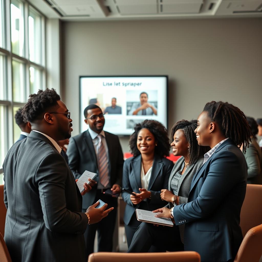 A group of Black students engaged in lively discussions at a professional seminar, showcasing diversity and collaboration