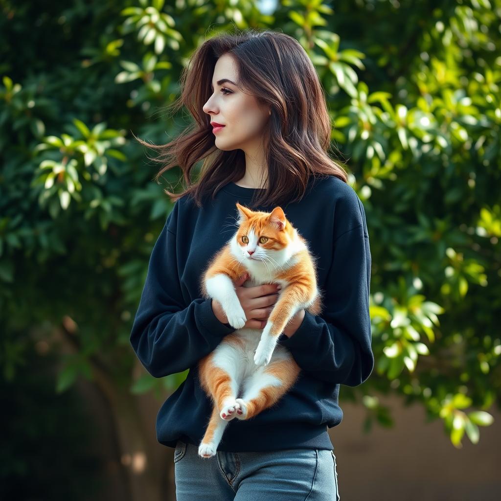 A 36-year-old woman standing in profile, dressed in a comfortable black sweatshirt and gray jeans, showcases her medium brown hair flowing gently