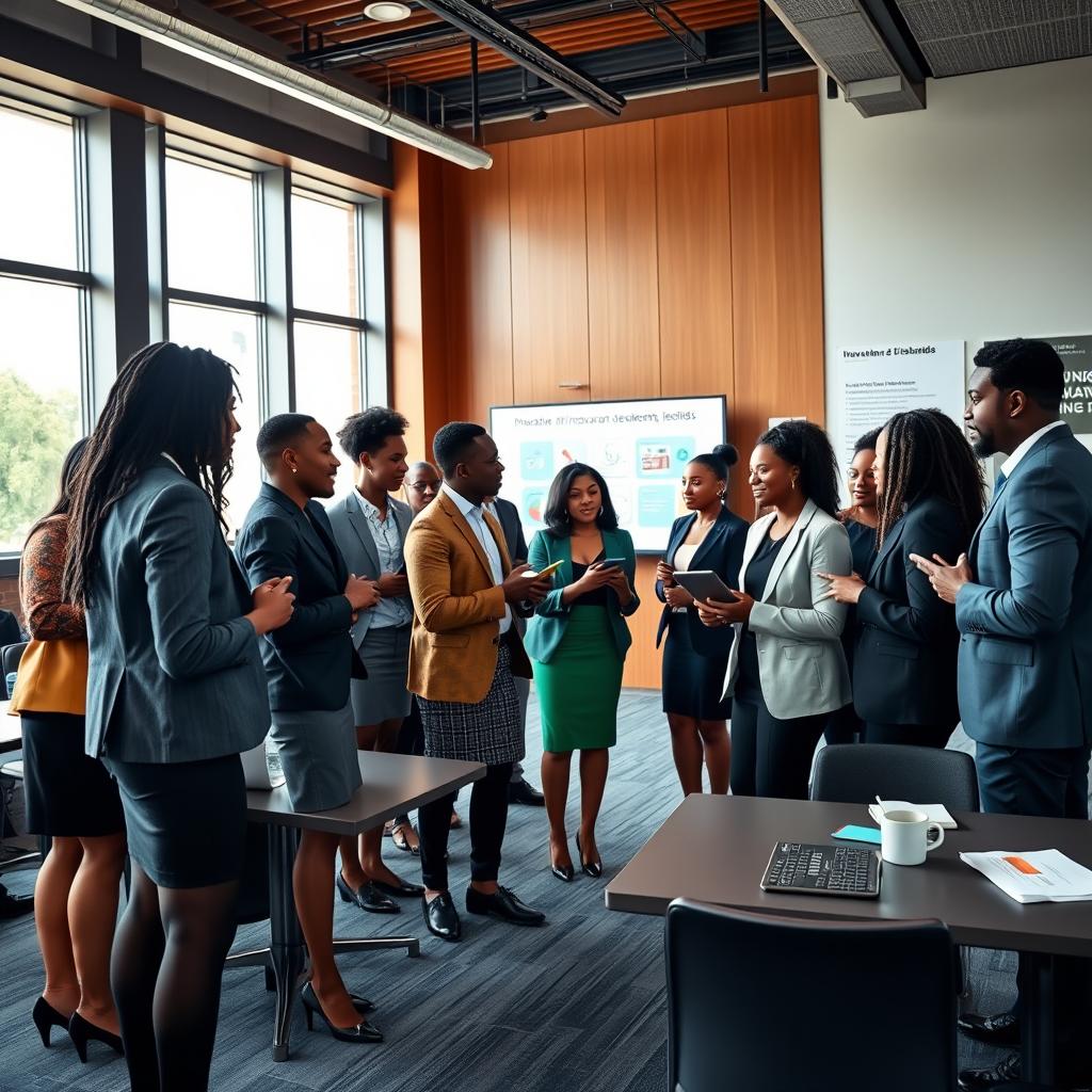 A dynamic and engaging scene depicting a group of Black students at a professional seminar, engaged in discussion and networking