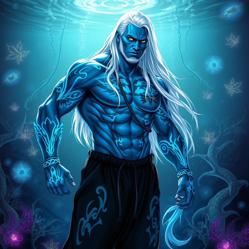 A powerful male Simic Hybrid character originating from a Vedalken, featuring a robust physique and striking blue skin