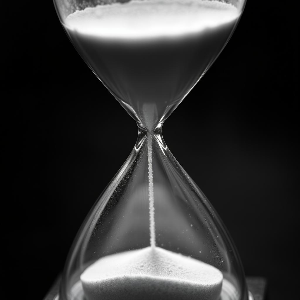 A black and white artistic representation of a timeglass, featuring faded glass or sand at the top portion of the hourglass, creating a soft, blurred effect