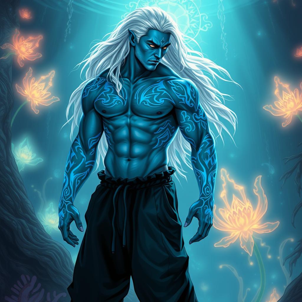 A powerful male Simic Hybrid character originating from a Vedalken, featuring a robust physique and striking blue skin