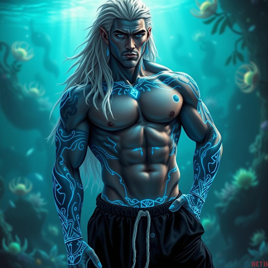 A striking male Simic Hybrid derived from a Vedalken, showcasing a robust physique and vibrant blue skin