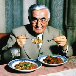 Generate a realistic image of Dale Carnegie joyously eating palov, the most popular Uzbek meal, at a traditional Uzbek dining table.