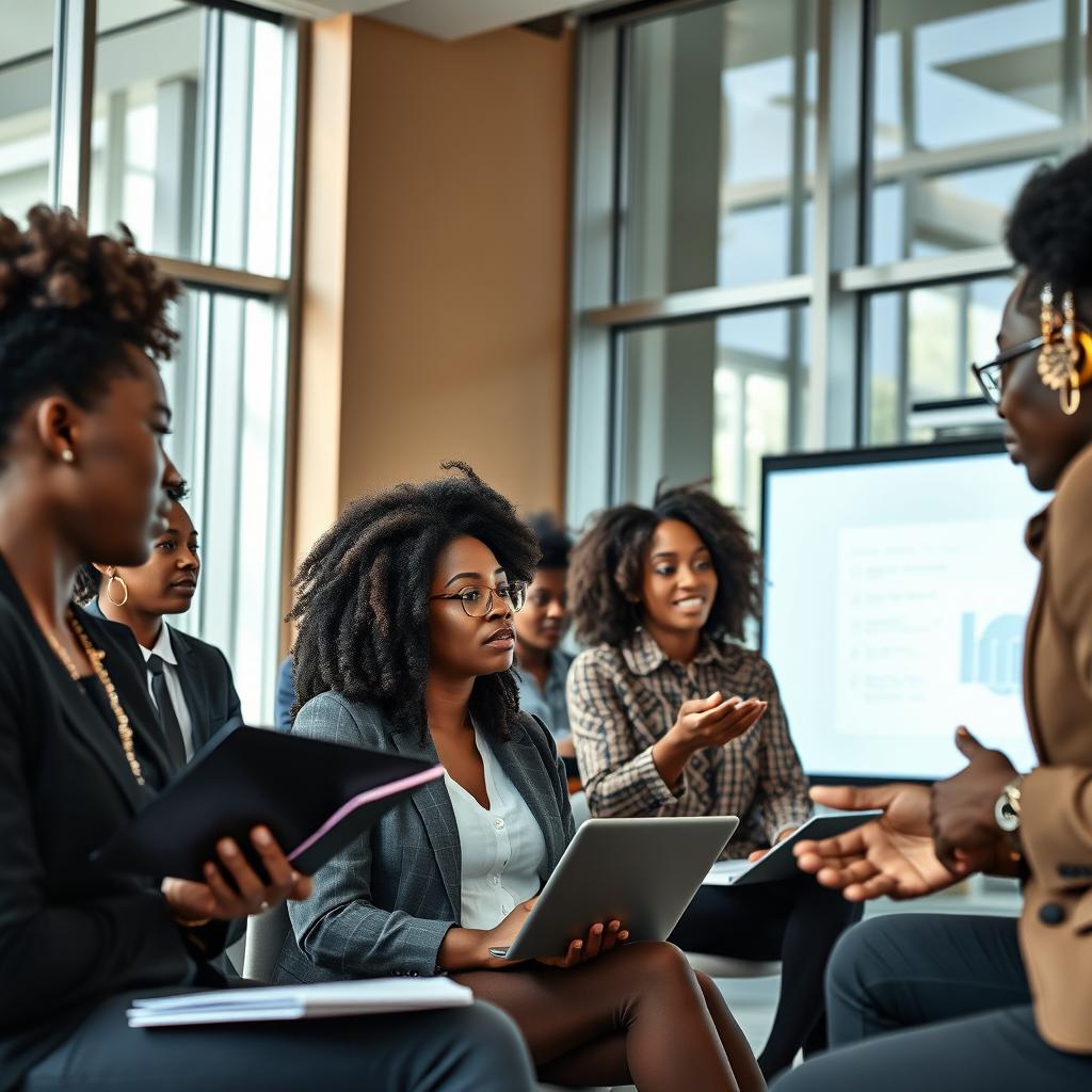 A diverse group of Black students engaged in a professional seminar, actively participating and discussing ideas