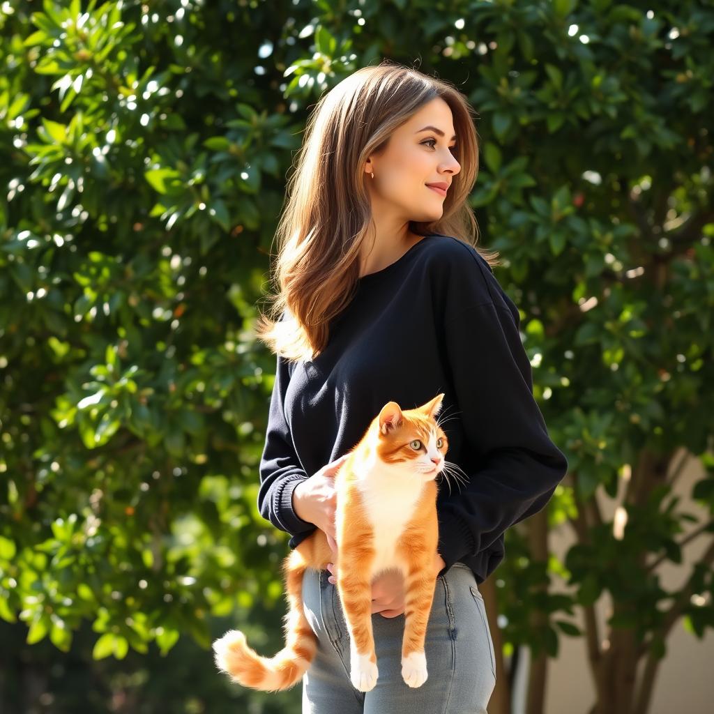 A 36-year-old woman standing in profile, dressed in a comfortable black sweatshirt and gray jeans, displays her medium height, light brown hair cascading gently