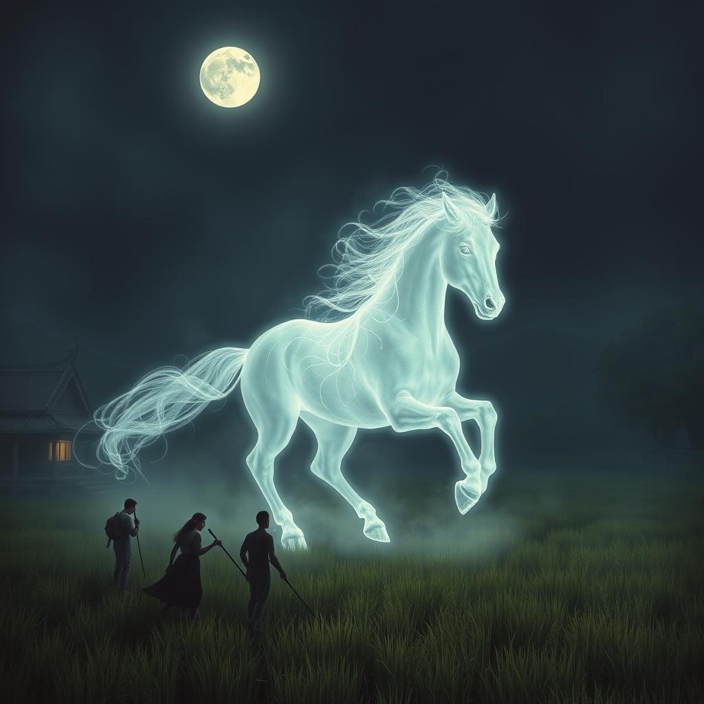 A mystical depiction of the ghost horse spirit, known as Phii Maa Bong, embodies the shape of a horse, exuding an eerie yet captivating aura