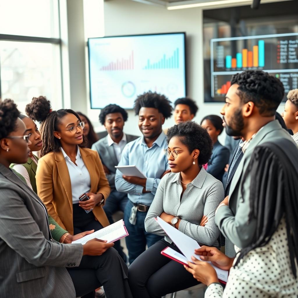 A group of diverse Black students actively participating in a professional seminar
