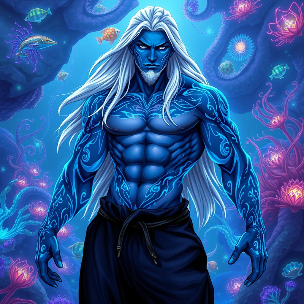A striking male Simic Hybrid derived from a Vedalken, showcasing a robust and muscular physique