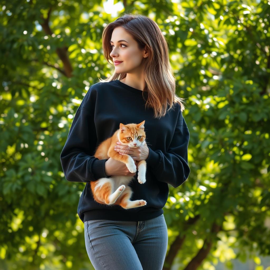 A 36-year-old woman with a medium athletic build standing in profile, dressed in a comfortable black sweatshirt and gray jeans, displays her medium height, light brown hair elegantly