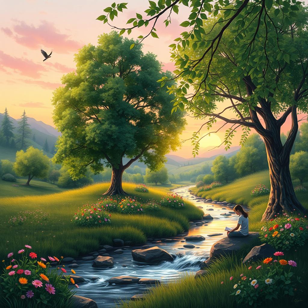 A serene and tranquil outdoor scene, depicting the beauty of nature with lush green trees, colorful flowers, and a gentle stream flowing through the landscape