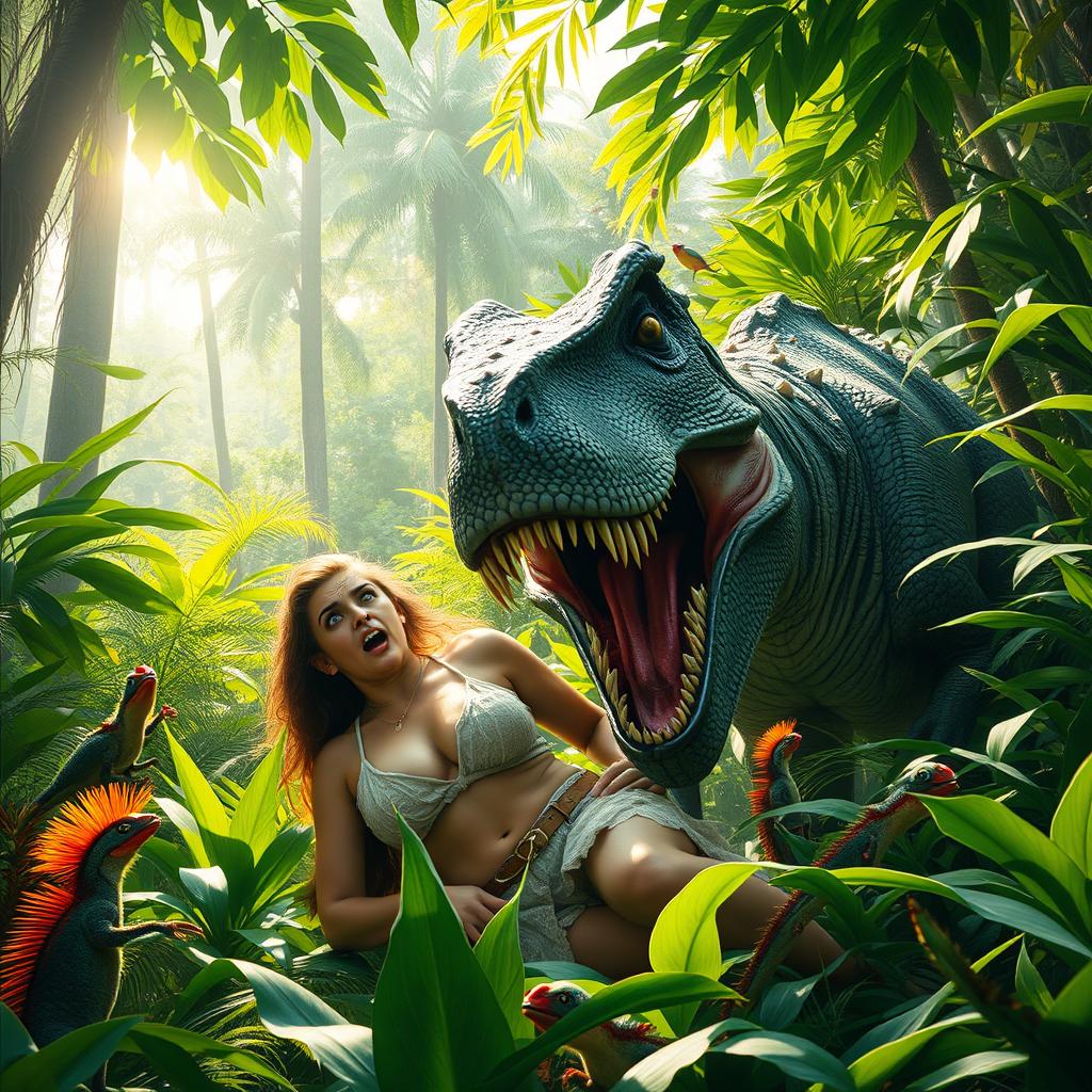 A dramatic scene in a lush, vibrant green jungle, where a fierce dinosaur is in the process of devouring a woman