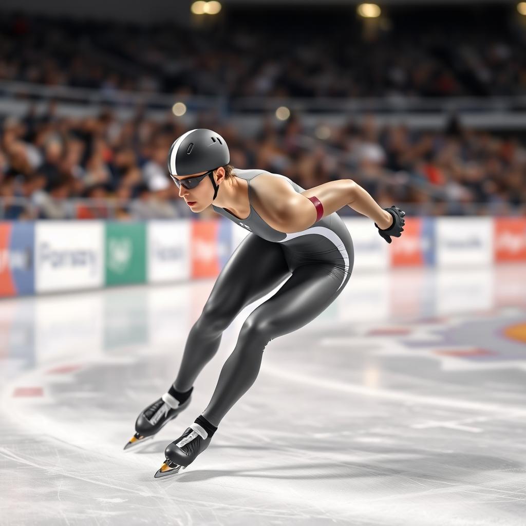 A dynamic scene of a speed skater in action, showcasing an athletic figure in a sleek racing suit, intensely focused as they glide across the rink