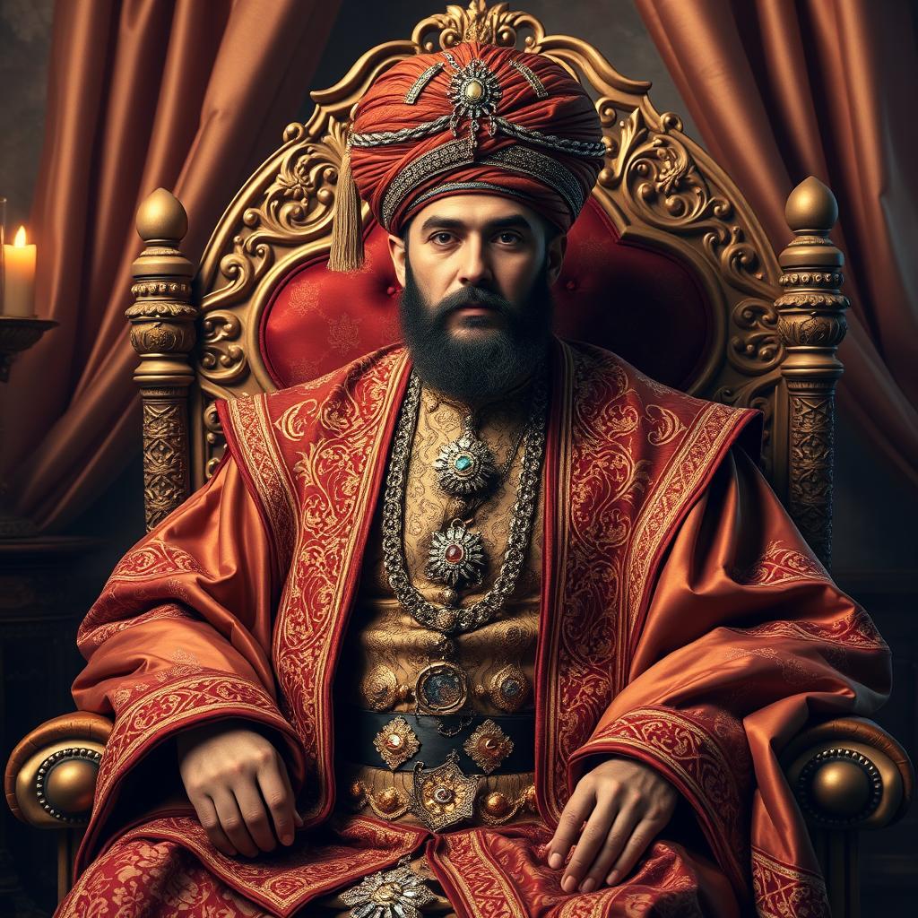 A magnificent portrayal of an Ottoman Pasha in traditional attire, adorned with intricate patterns and gold embroidery