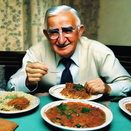 Generate a realistic image of Dale Carnegie joyously eating palov, the most popular Uzbek meal, at a traditional Uzbek dining table.