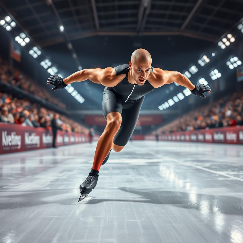 A thrilling image of a speed skater racing on ice, captured mid-motion with a strong focus on their muscular build in a tight-fitting racing suit