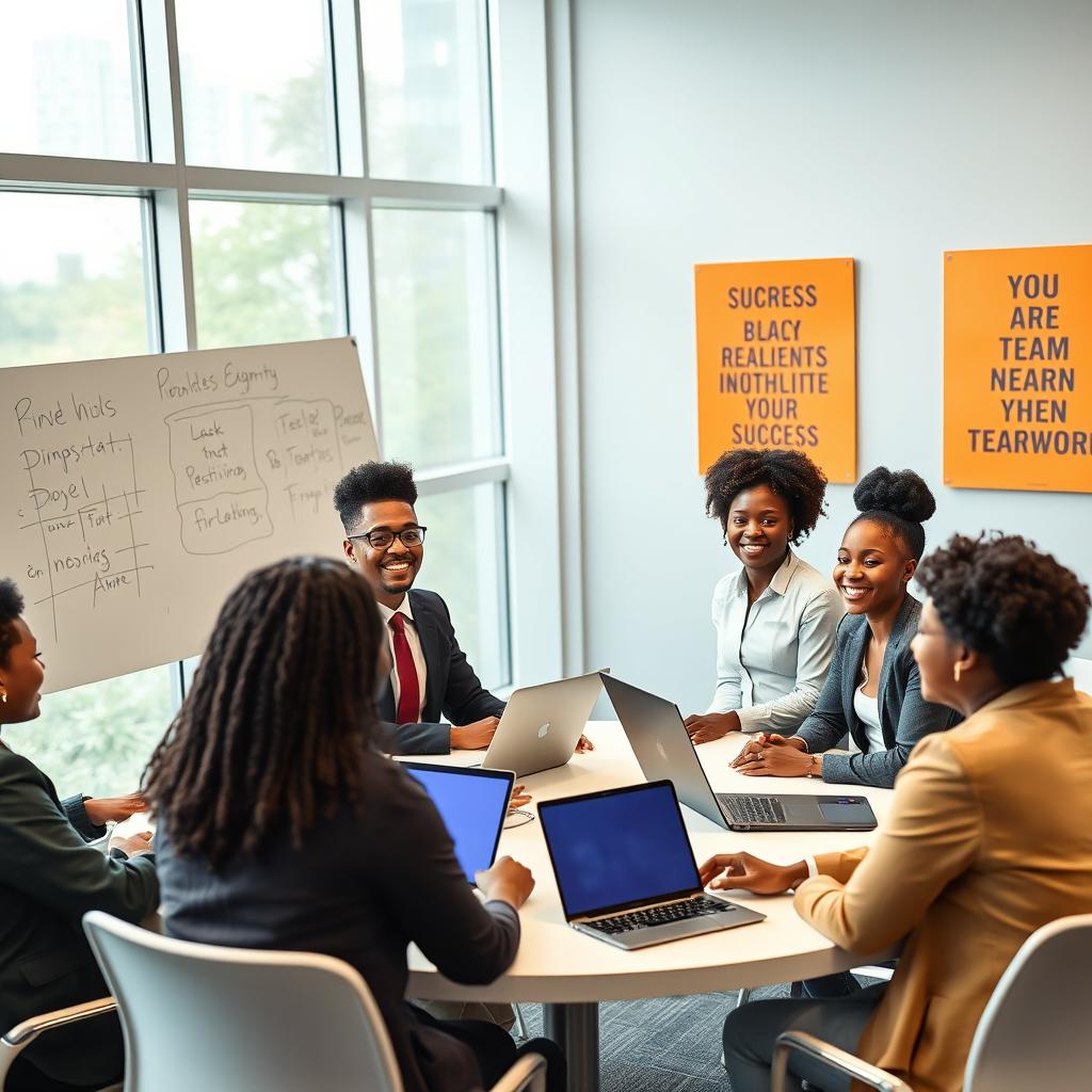 A group of diverse Black students participating in a professional seminar, sitting at a round table engaged in a lively discussion