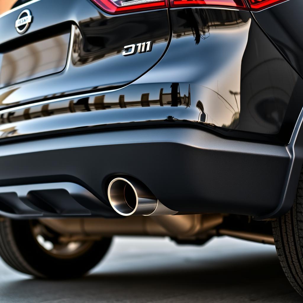 A captivating view of the rear section of a Nissan Qashqai J11 in black, prominently featuring two large exhaust pipes that emphasize its sporty character