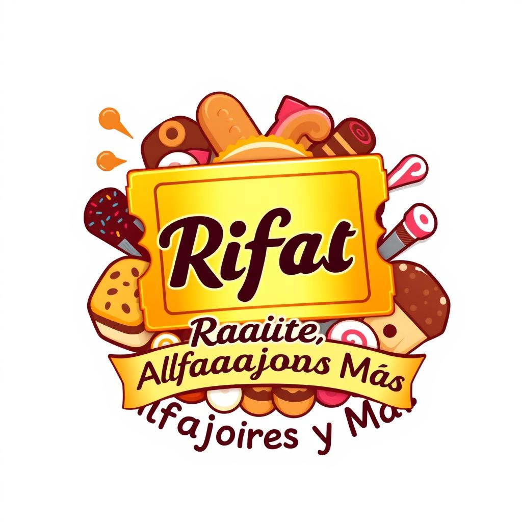 A logo design featuring a prominent golden raffle ticket at the center, surrounded by various delicious treats including alfajores, candies, and sweet snacks
