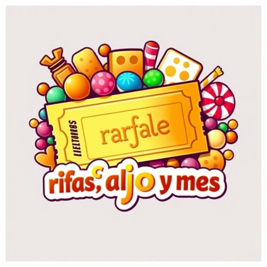 Logo design featuring a golden raffle ticket surrounded by an assortment of alfajores, colorful candies, and sweets