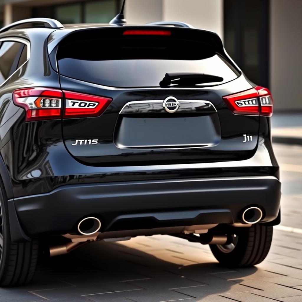 A striking back view of a Nissan Qashqai J11 in an elegant black finish, prominently featuring two large chrome exhaust pipes that enhance its sporty appearance