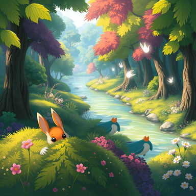 A whimsical, enchanting forest landscape reminiscent of Studio Ghibli films, filled with lush, vibrant foliage, towering trees, and soft lighting filtering through the leaves