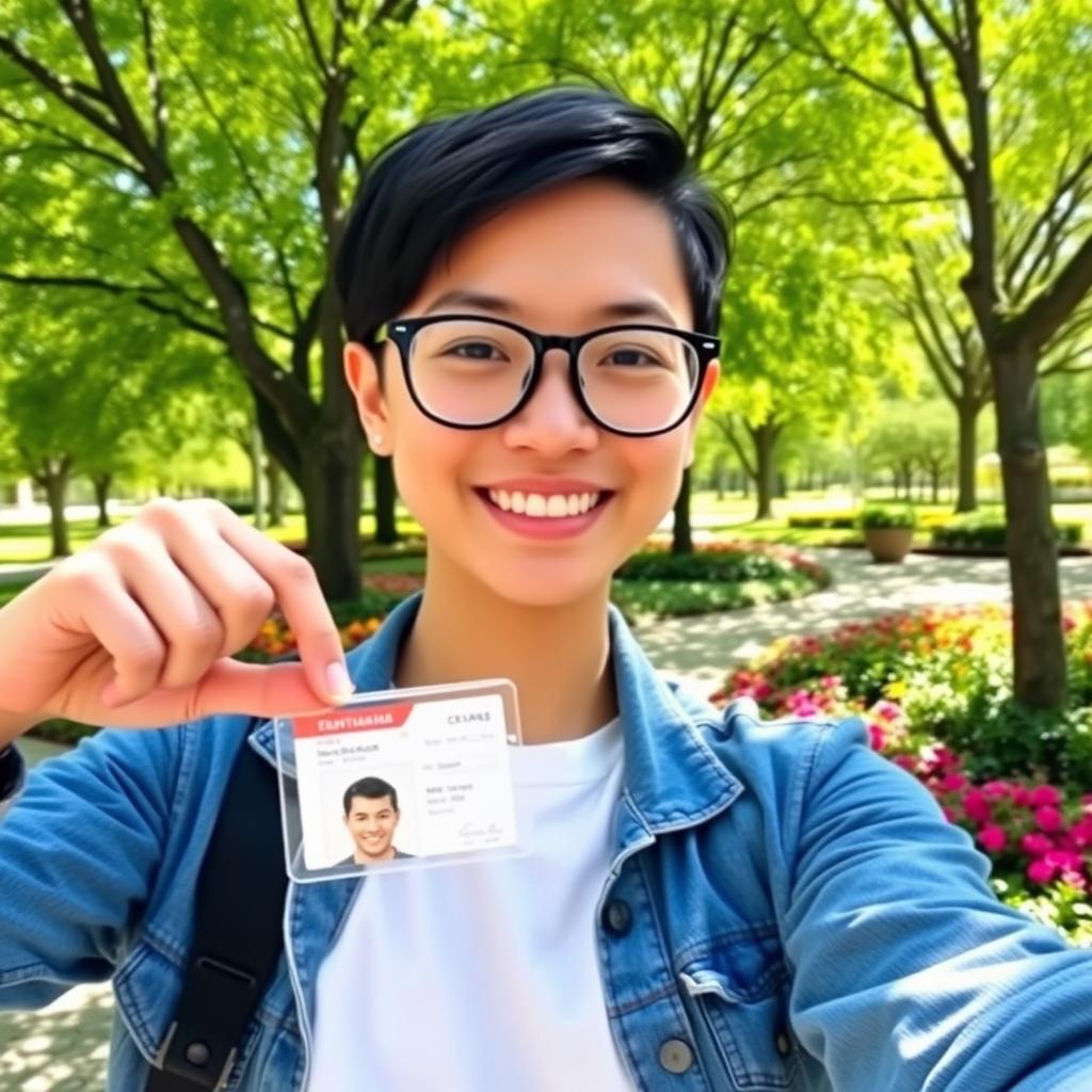 A person taking a selfie, confidently smiling while holding their ID card in one hand