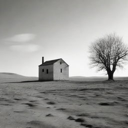 An isolated house situated amidst an expansive,empty landscape, devoid of any other structures, trees or humans.