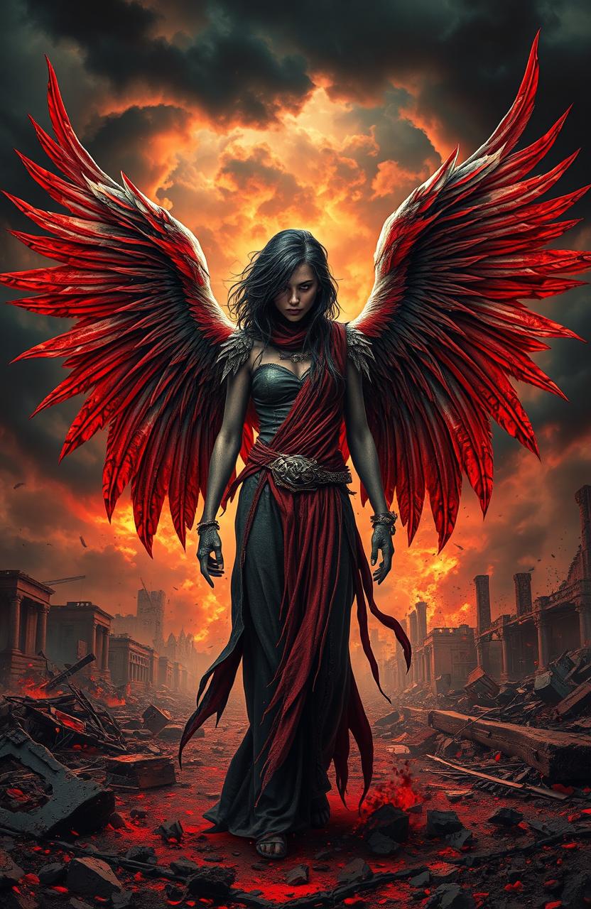 An angel with striking black and red hair, standing amidst a visually stunning apocalyptic landscape
