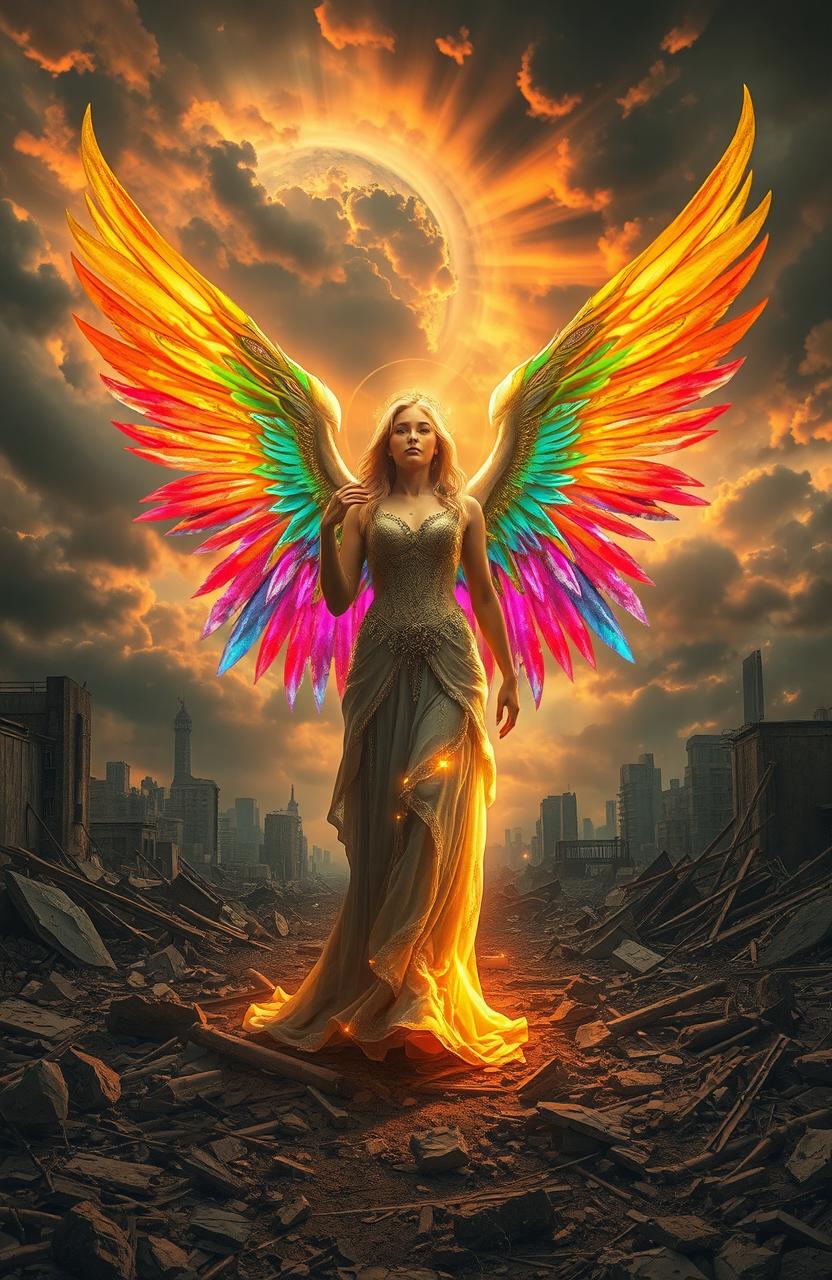 An angel in a stunning apocalyptic landscape, featuring vibrant rainbow wings that shimmer and reflect the chaotic atmosphere around