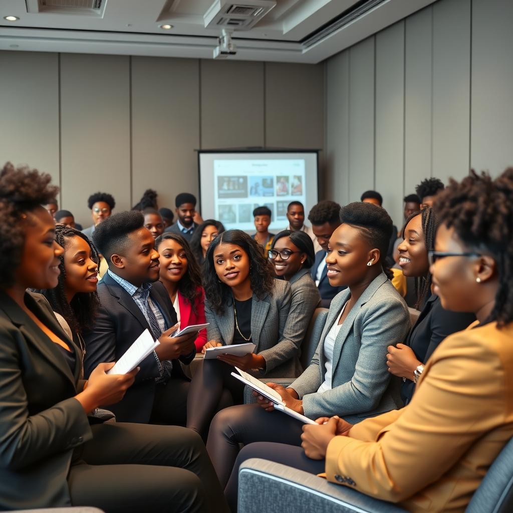 A vibrant and engaging scene at a professional seminar featuring a diverse group of Black students actively participating