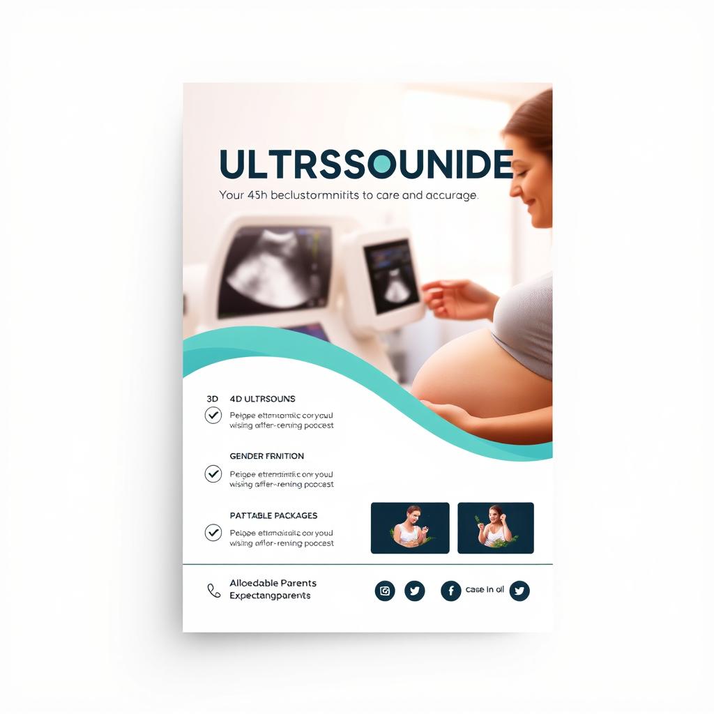 A sleek and modern advertising flyer design for an ultrasound clinic, featuring a high-quality image of a pregnant woman receiving an ultrasound, with a glowing, welcoming atmosphere
