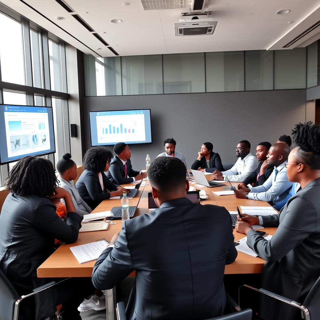A diverse group of Black students engaged in a professional seminar, sitting attentively around a large conference table