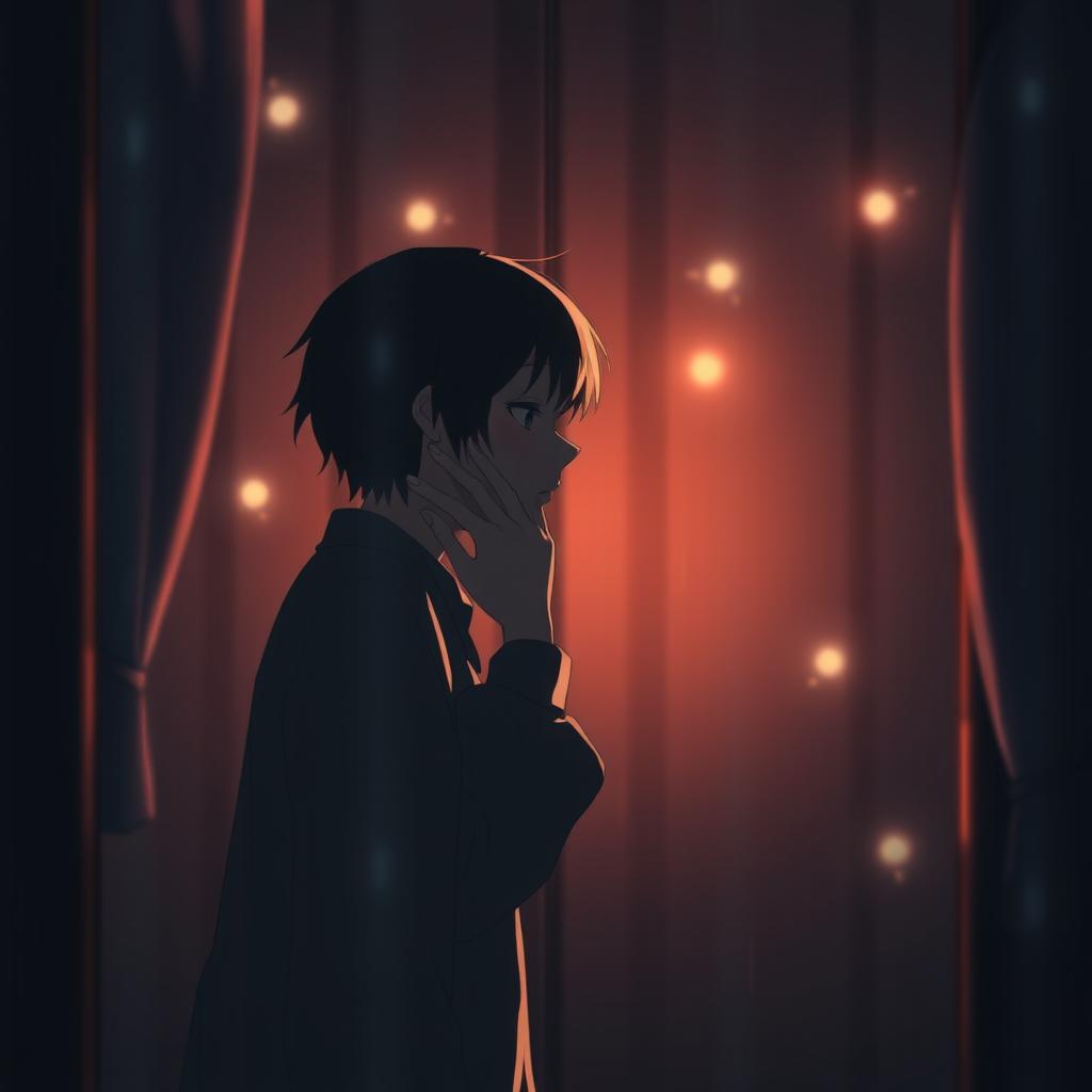 A captivating anime-style scene featuring two characters whispering to each other in a dimly lit room