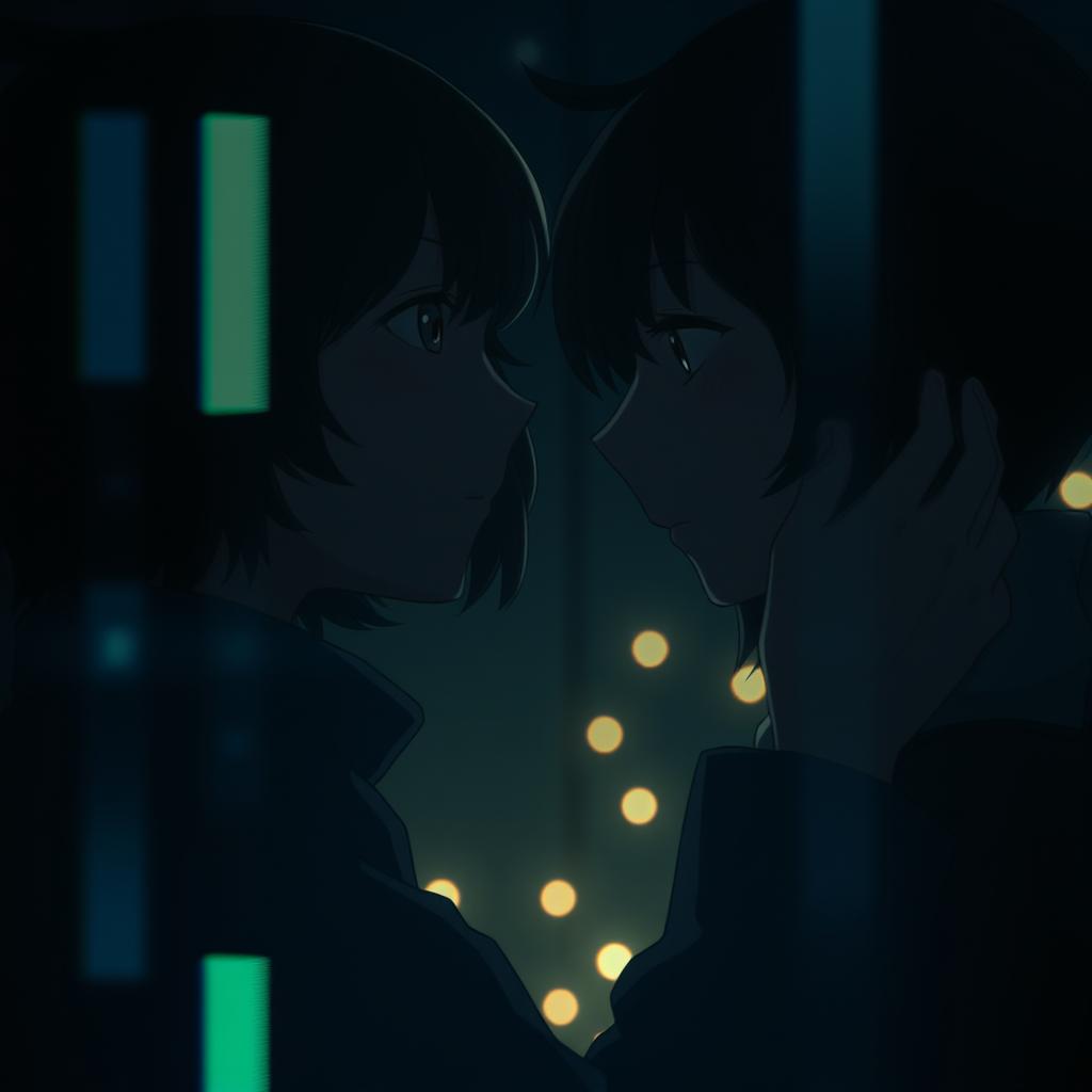 A moody, cinematic scene in anime style featuring a close-up of two characters whispering in a dimly lit room