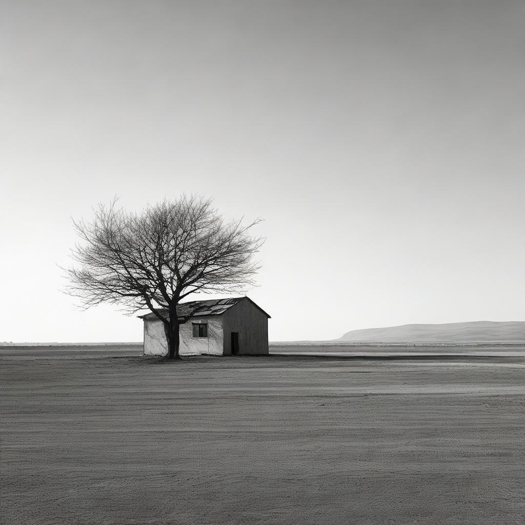 An isolated house situated amidst an expansive,empty landscape, devoid of any other structures, trees or humans.