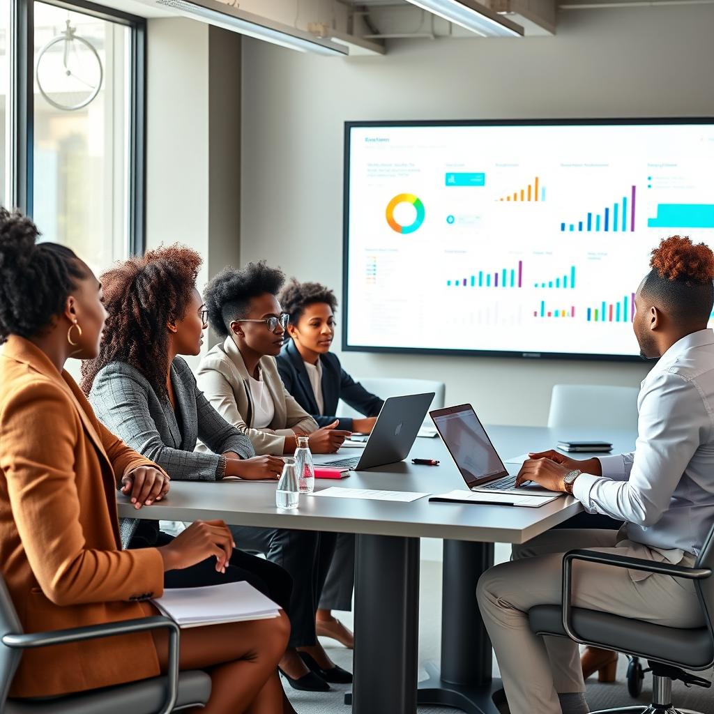 A diverse group of Black students engaging in a professional seminar, seated around a modern conference table with laptops and notepads