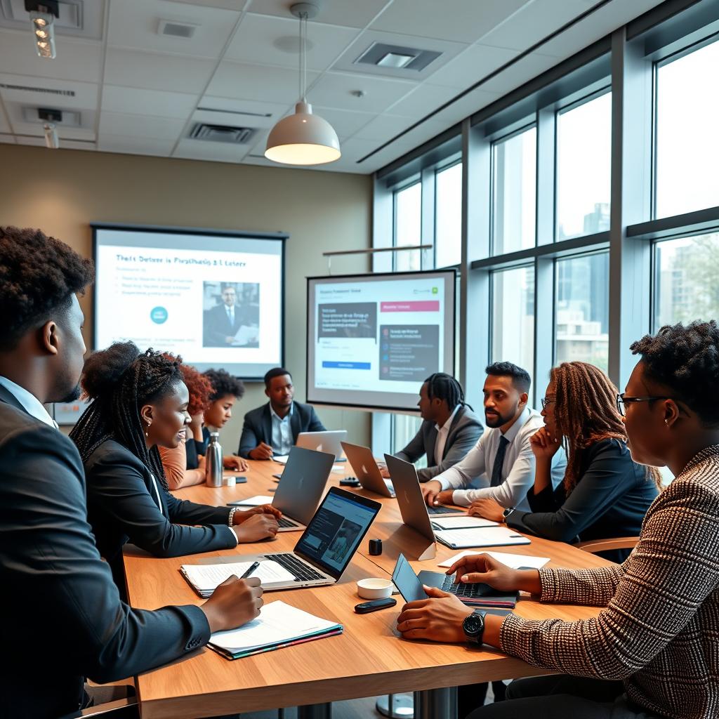 A professional seminar featuring a diverse group of Black students engaged in discussions and learning activities